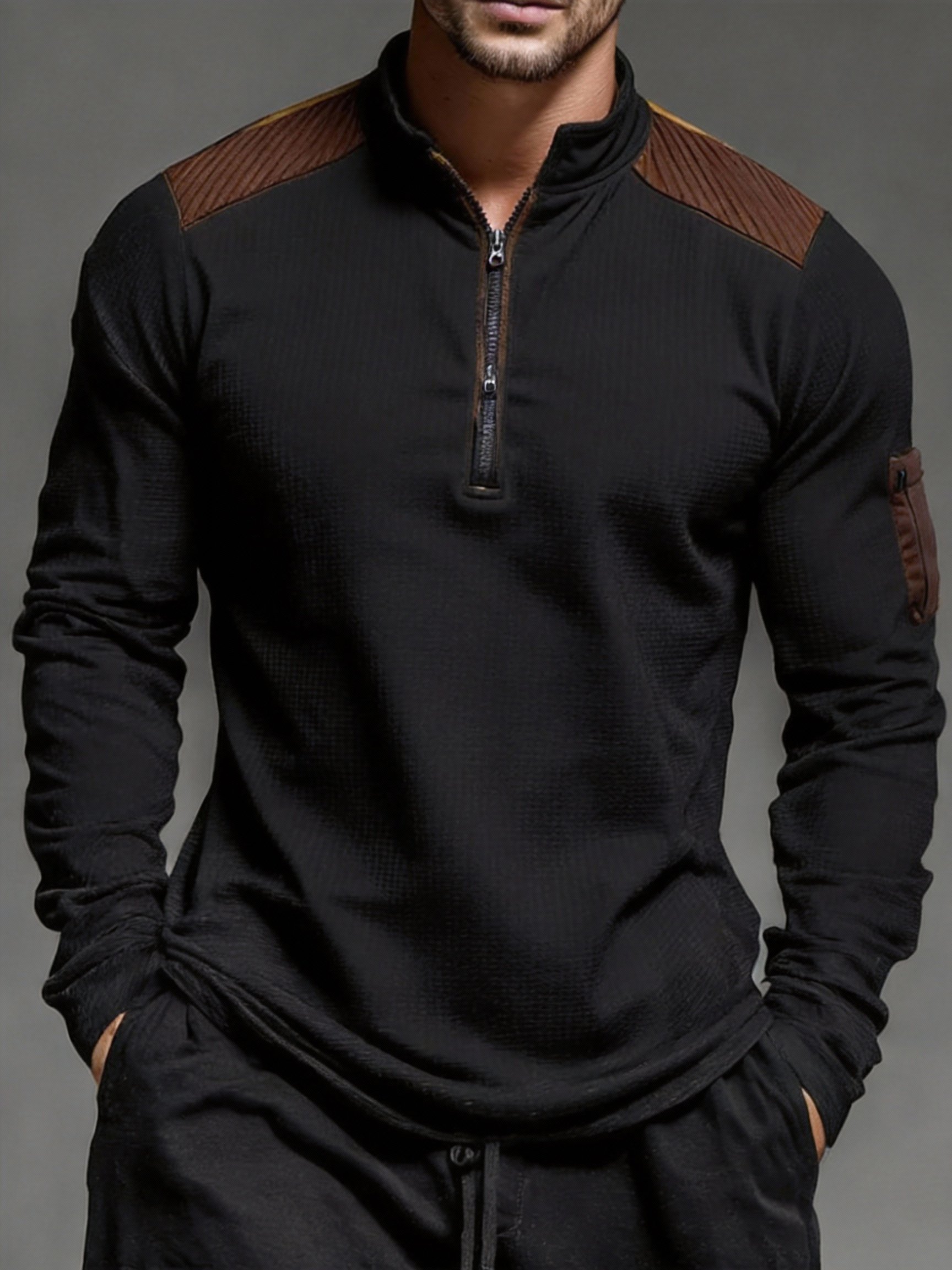 Chaqueta vintage Style Patchpara trabajo Stand-cuello de manga larga with cierre para hombre