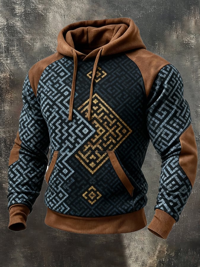 Sudadera retro desgastado en bloques de color estampado casual de manga larga para hombre