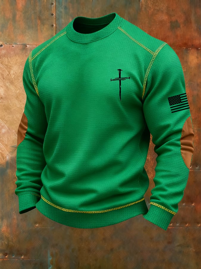 Sudadera vintage Faith Cross estampado Waffle cuello redondo para hombre