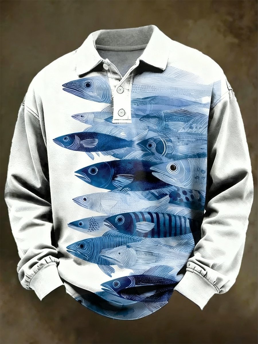Camisa polo retro Japanese-style Fish Art estampado de manga larga para hombre