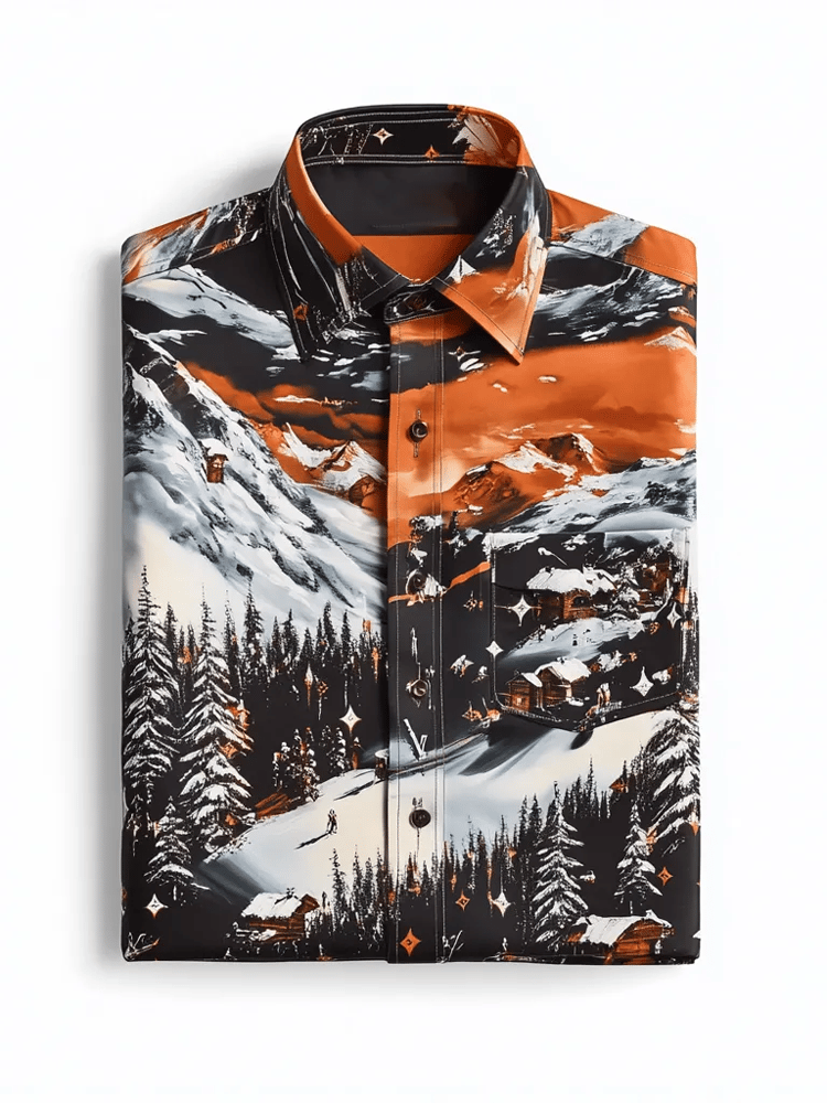 Camisa de lujo Romantic Contrast Color estampado de manga larga para hombre