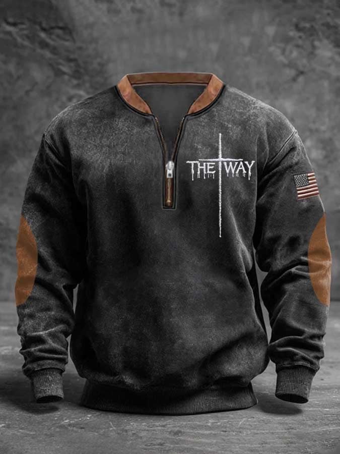 Sudadera retro Faith Cross estampado cierre Stand cuello de manga larga para hombre