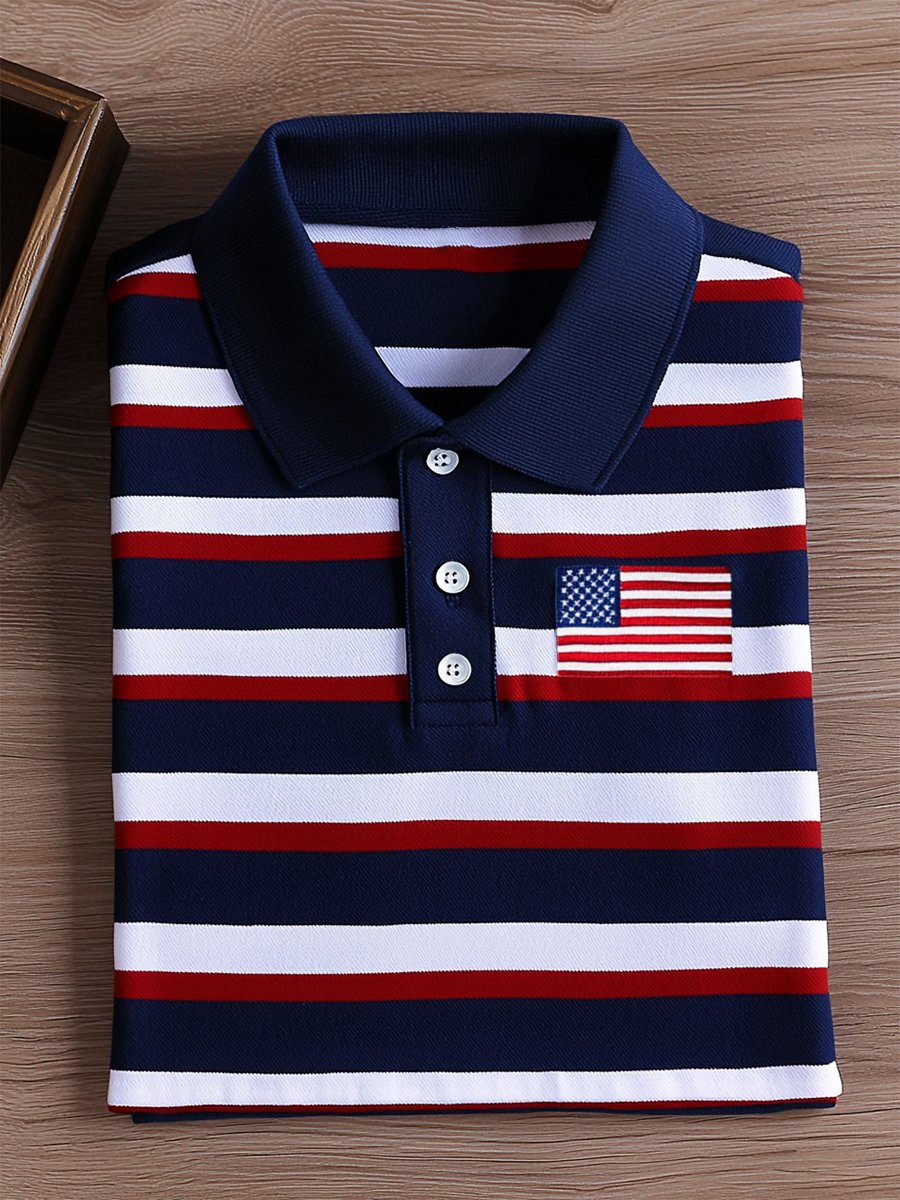 Camisa polo ejecutivo casual Independence Day a rayas Button de manga corta para hombre