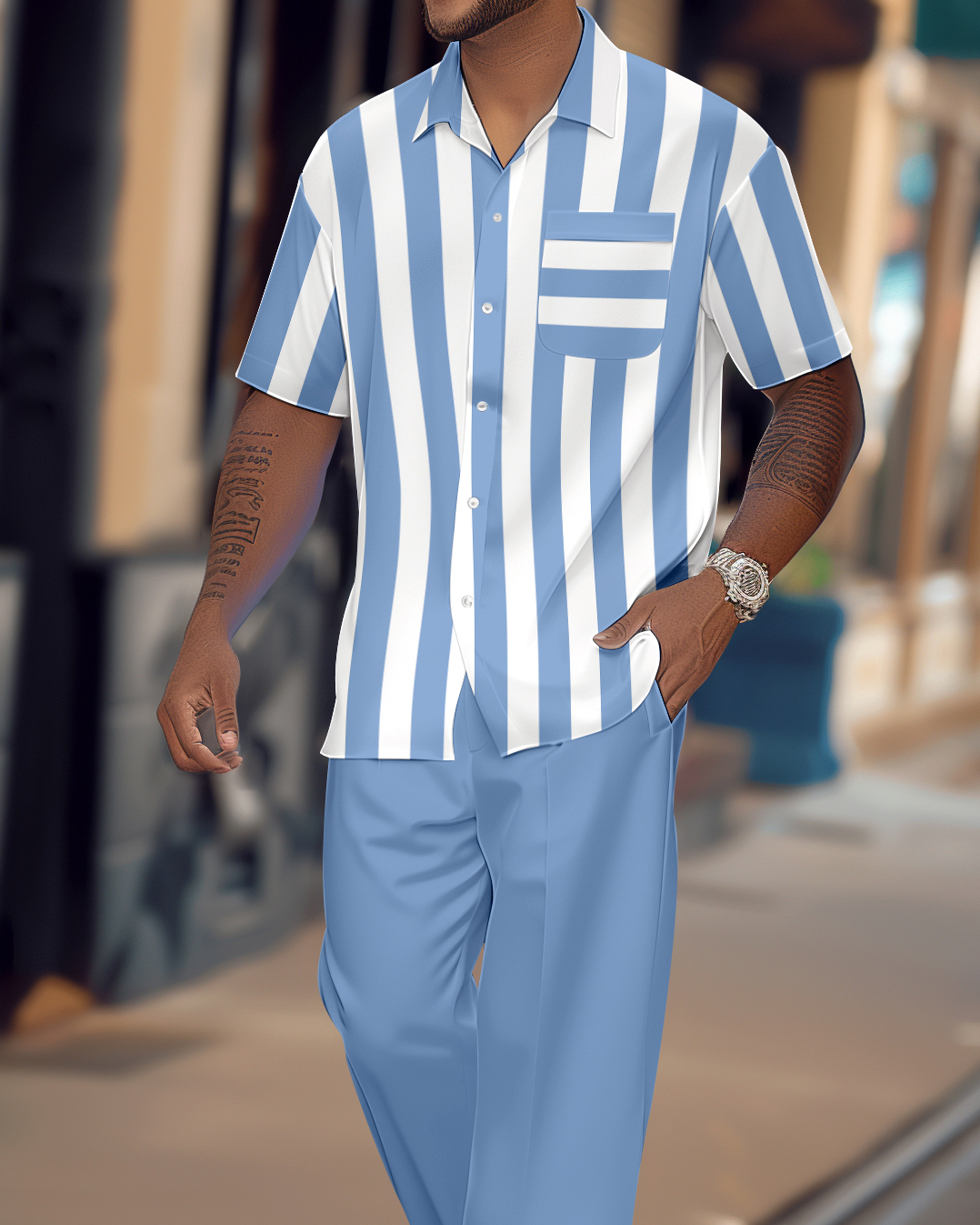 Camisa retro Colorblock de manga corta Walking Suit 1125 para hombre