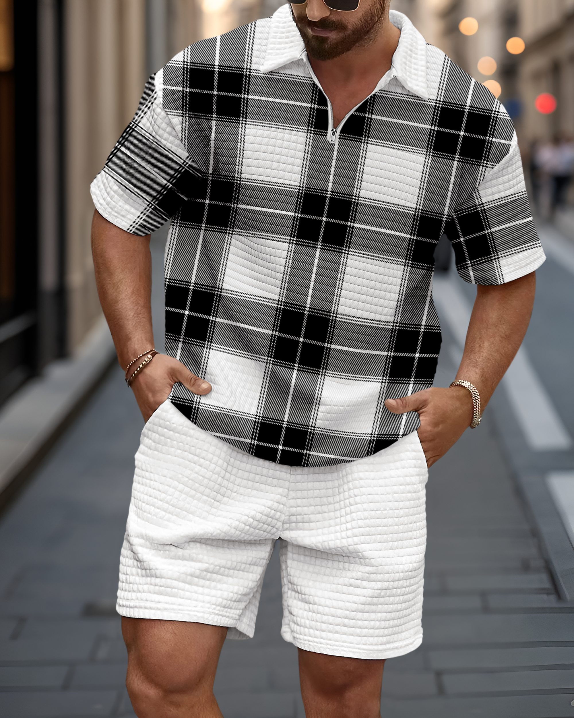 Casual Art estampado Waffle Texture Summer Polo Set 071 para hombre