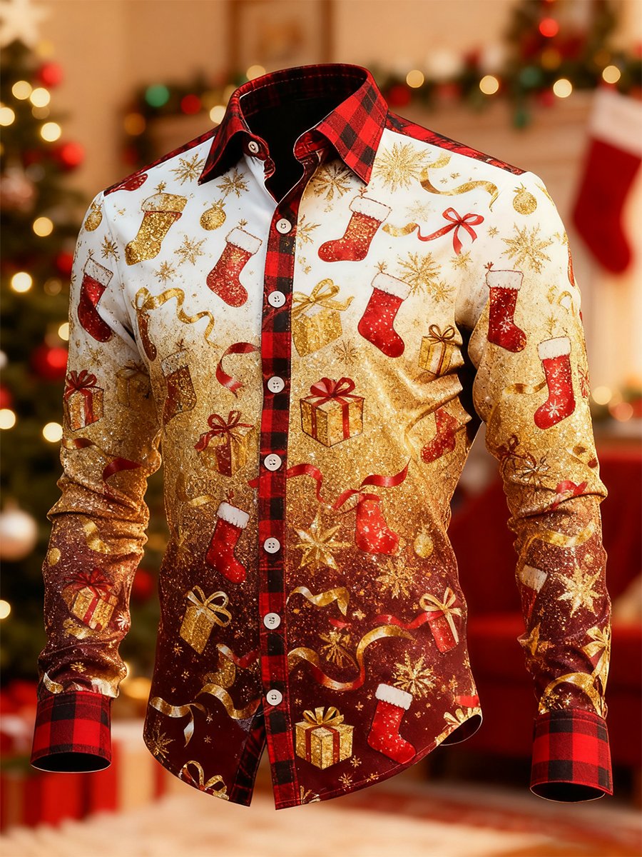 Camisa Christmas a cuadros Art de manga larga para hombre