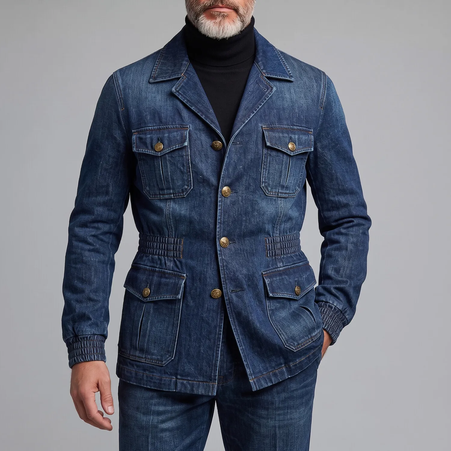 para hombre retro Navy Blue Multi-Pocket Elastic Waist Wash Denim Safari chaqueta