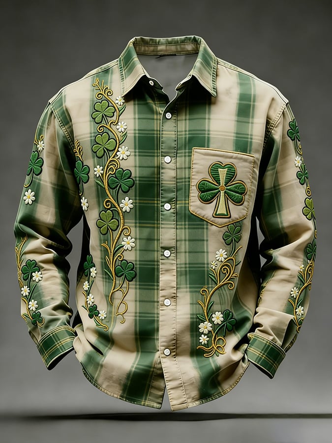Camisa St. Patrick's Day Clover estampado de manga larga para hombre