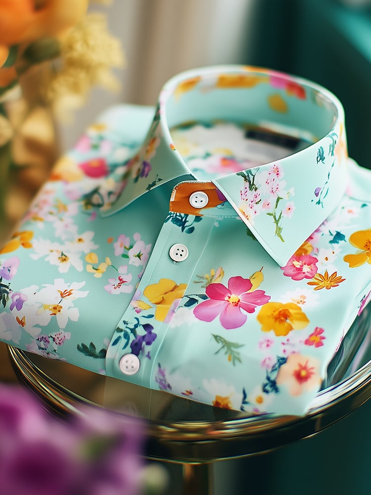 Camisa ejecutivo casual floral solapa de manga corta para hombre