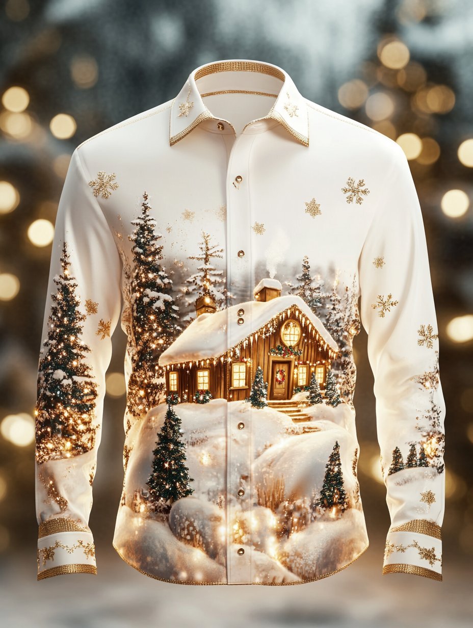 Camisa retro New Year Christmas estampado de manga larga para hombre
