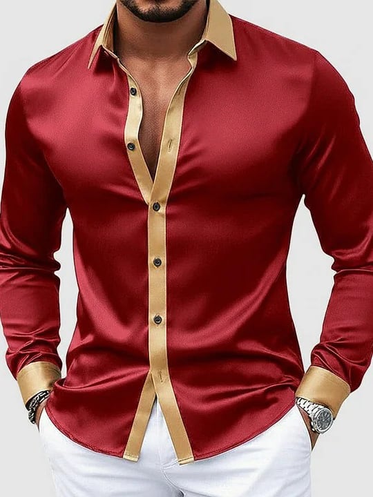 Camisa Black satén Turndown cuello de manga larga Button Contrast Trim para hombre