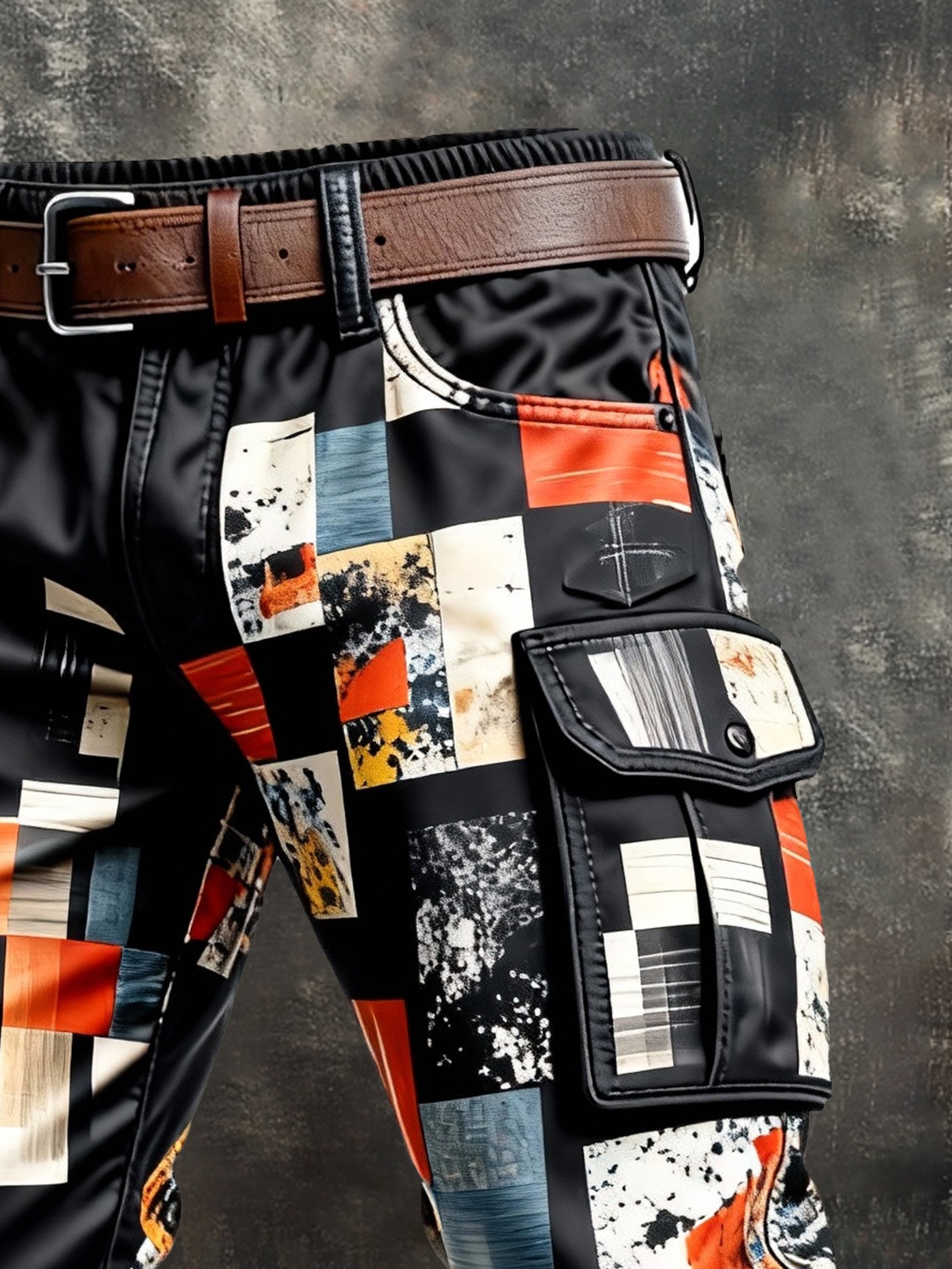 Pantalón retro en bloques de color desgastado bolsillo Cargo para hombre