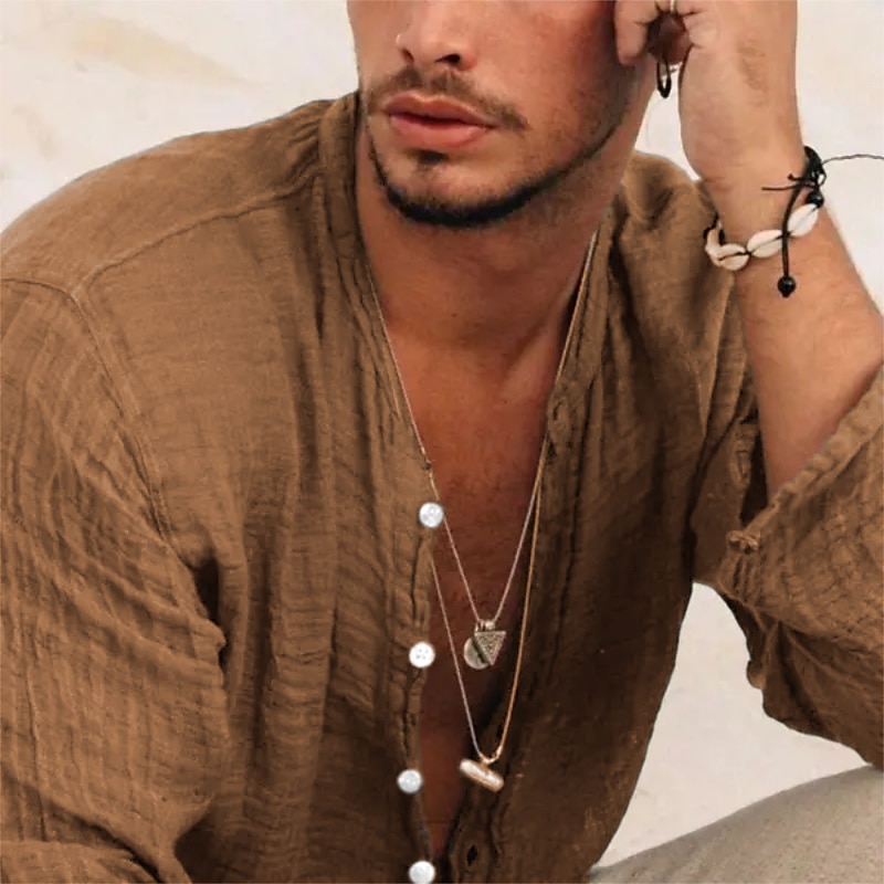 Camisa de lino Band cuello camisa Summer camisa Beach Wear Button Up camisa Plain Vacation casual Black Green Khaki Gray de manga larga Stand cuello Summer Spring Clothing Apparel para hombre - vista 8