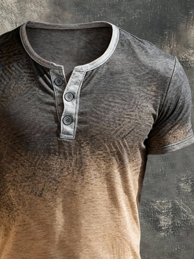 Camiseta vintage-Style Color-Block de manga corta With Henley cuello para hombre
