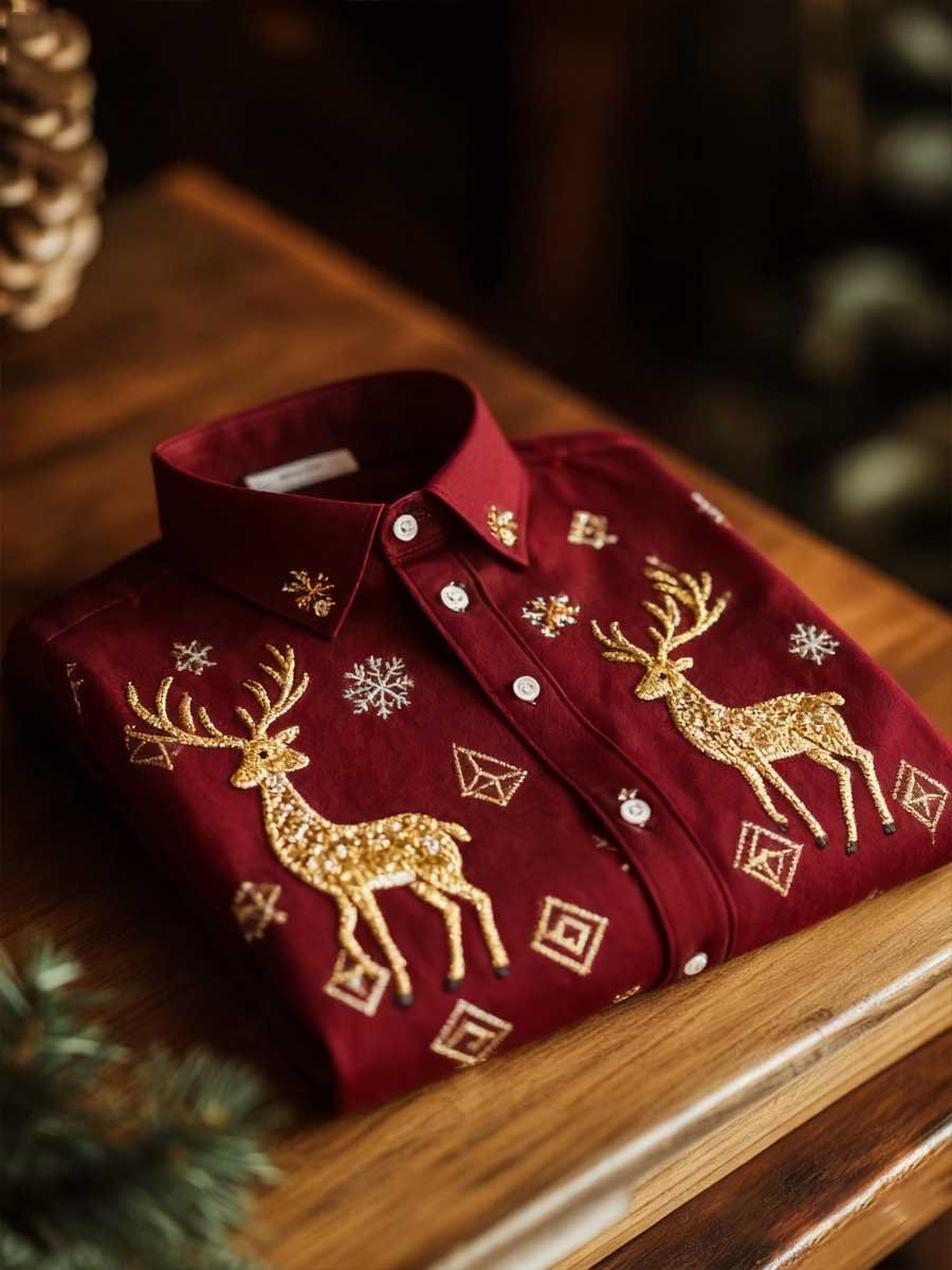 Camisa Christmas Elk estampado de manga larga para hombre