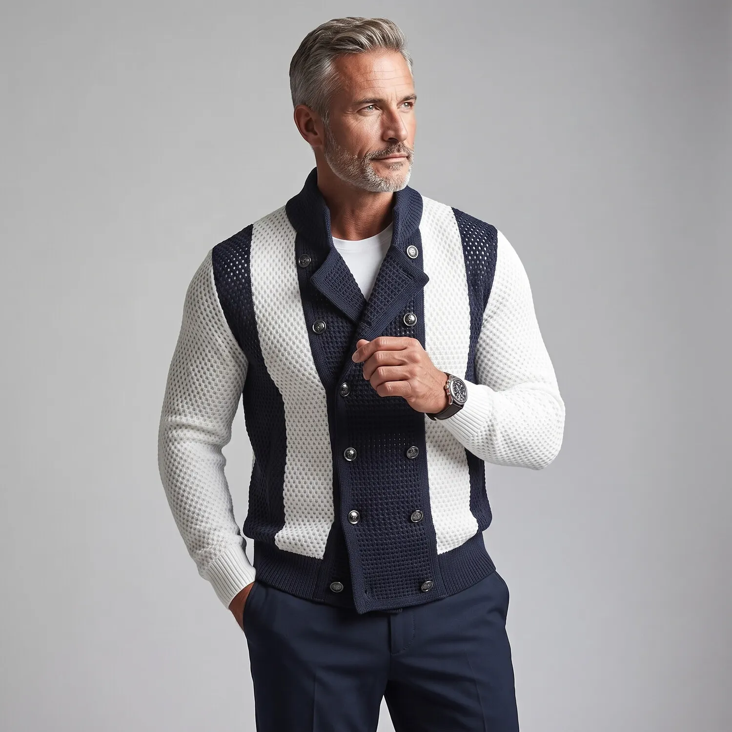 para hombre Colorblock Stand Collar Double-Breasted Mesh Hollow Out Cardigan