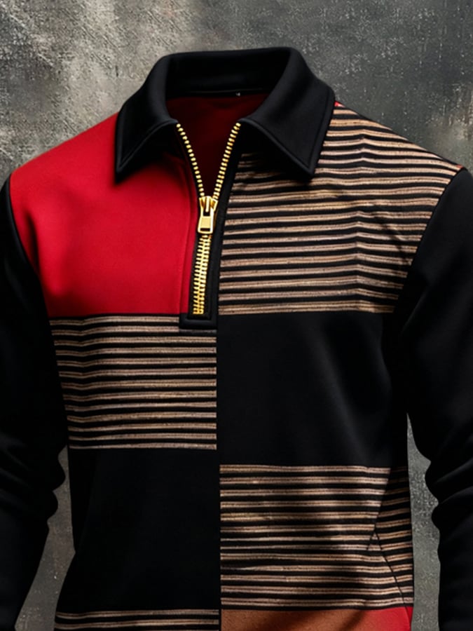 Sudadera vintage Color-Block estampado con cierre para hombre