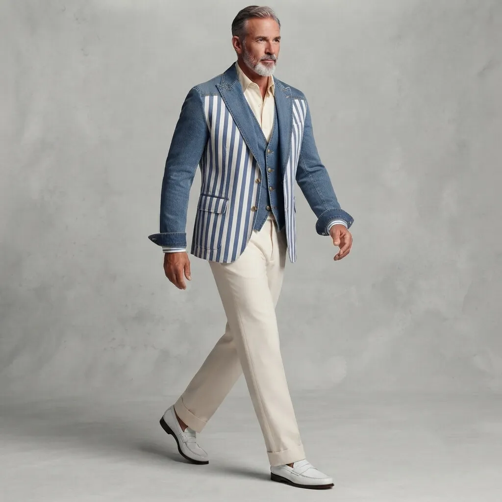 para hombre elegante Contrast a rayas Print Peak Lapel de corte entallado Denim sacos