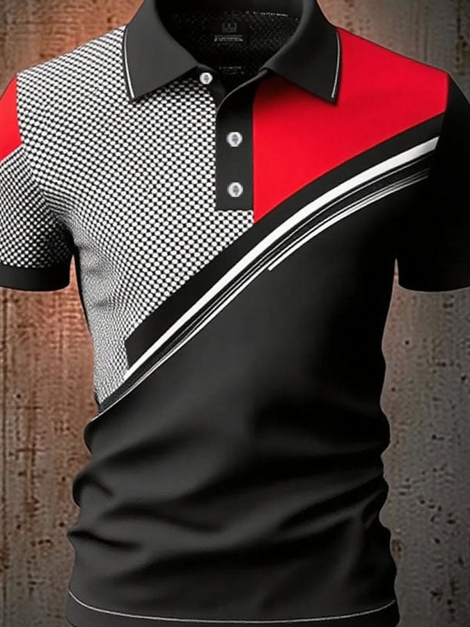 Camisa polo casual clásico Contrast Color estampado ejecutivo de manga corta para hombre