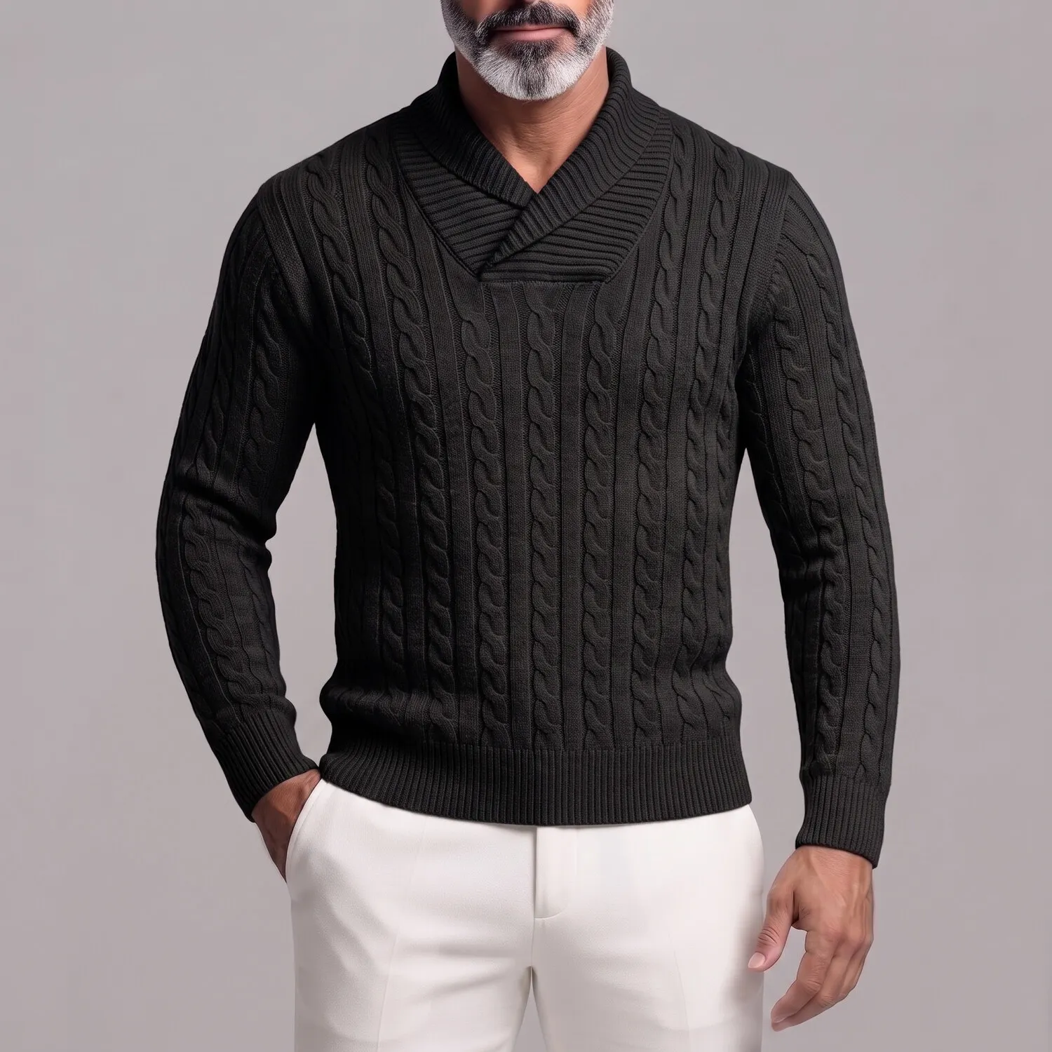 para hombre de color sólido Cable tejido Shawl Collar de corte entallado Pullover Sweater
