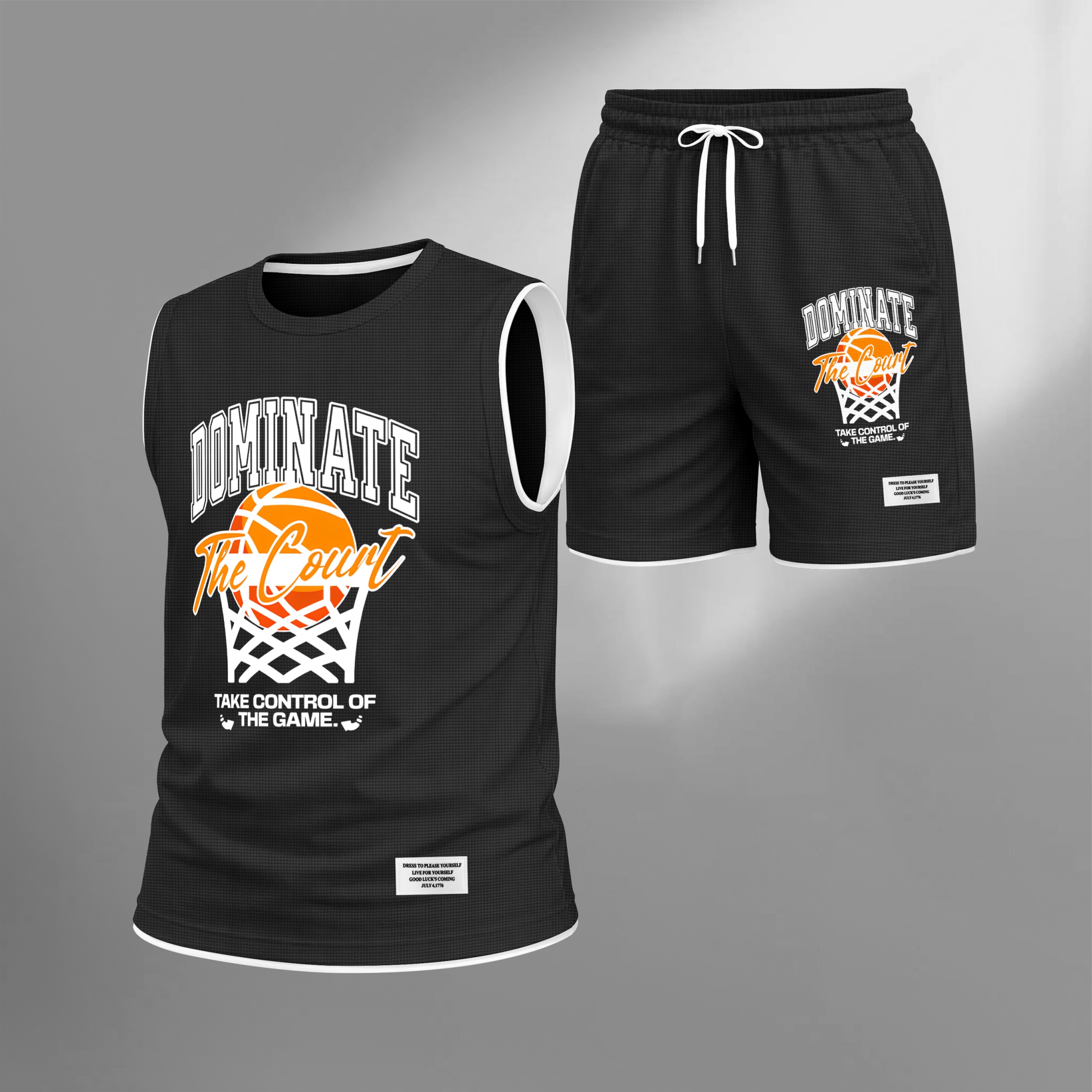 Shorts Basketball Graphic estampado Summer Set Sleeveless Tank Top & Matching Outfit, “Dominate The Court” Letter estampado with Hoop & Ball Design, Lightweight casual Streetwear Athletic Set for Everyday & para trabajoout para hombre