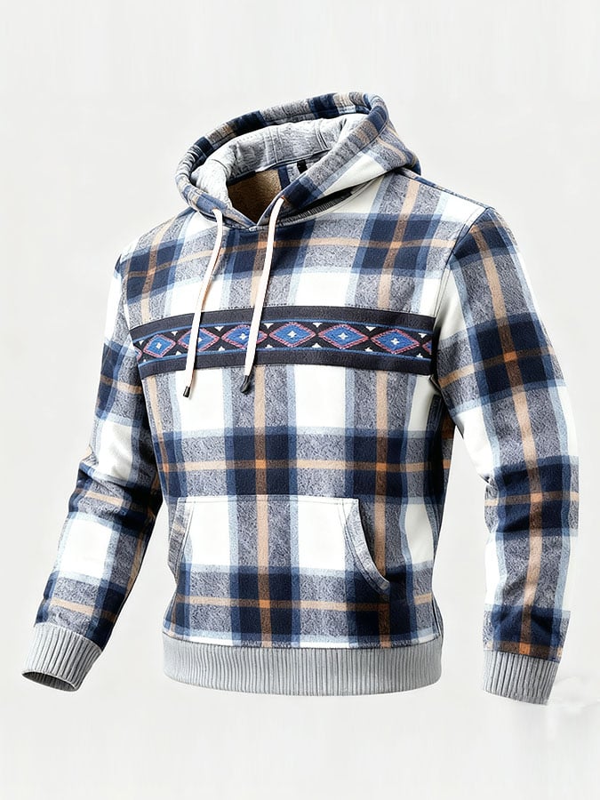 Sudadera casual retro a cuadros estampado de manga larga Hooded para hombre