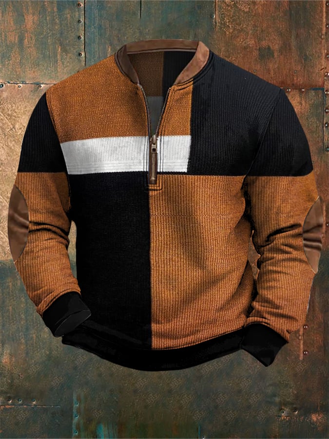 Sudadera retro Western texturizado estampado cierre Neck tejido para hombre