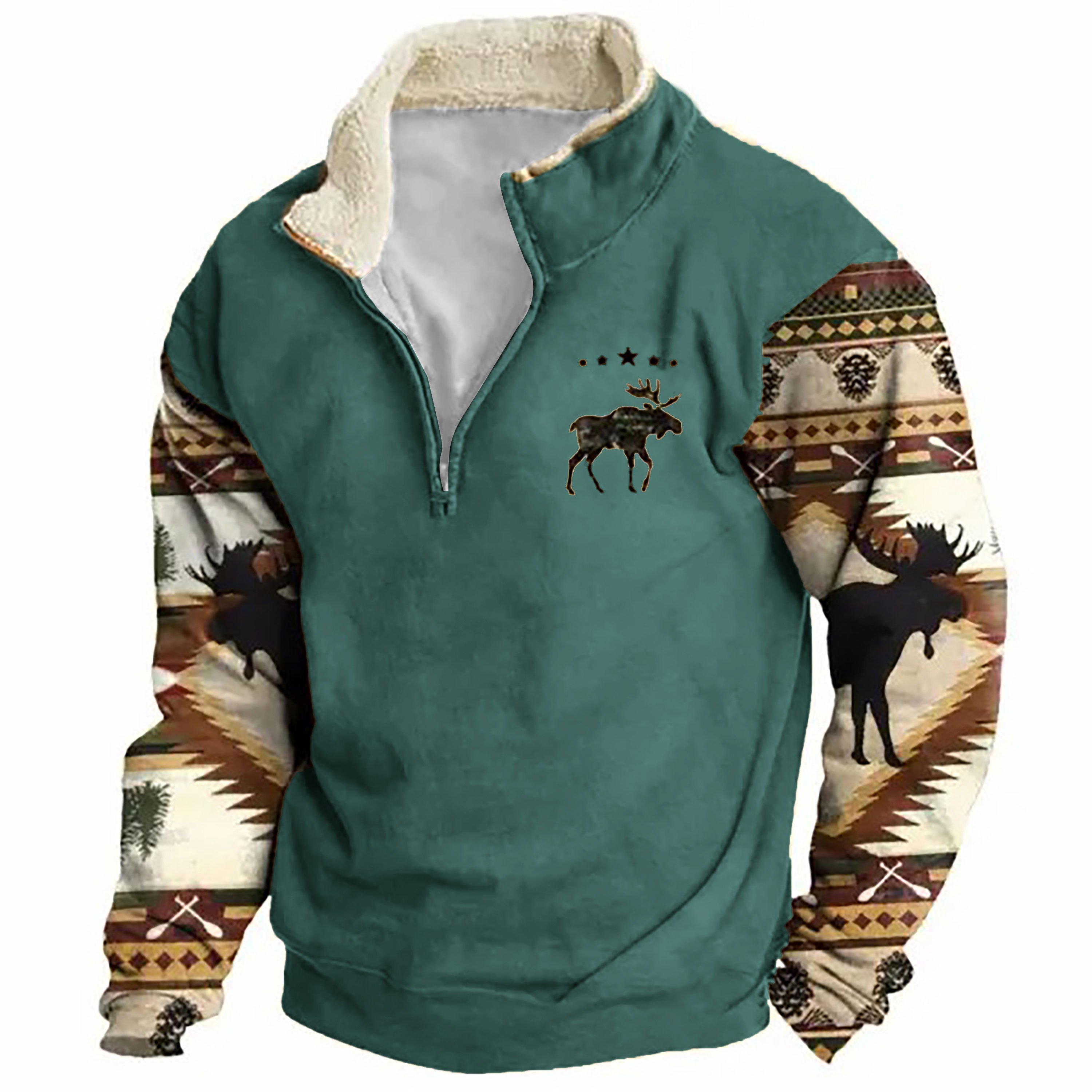 Sudadera retro Moose Creek Ethnic estampado Plush Half Open cuello Pullover para hombre