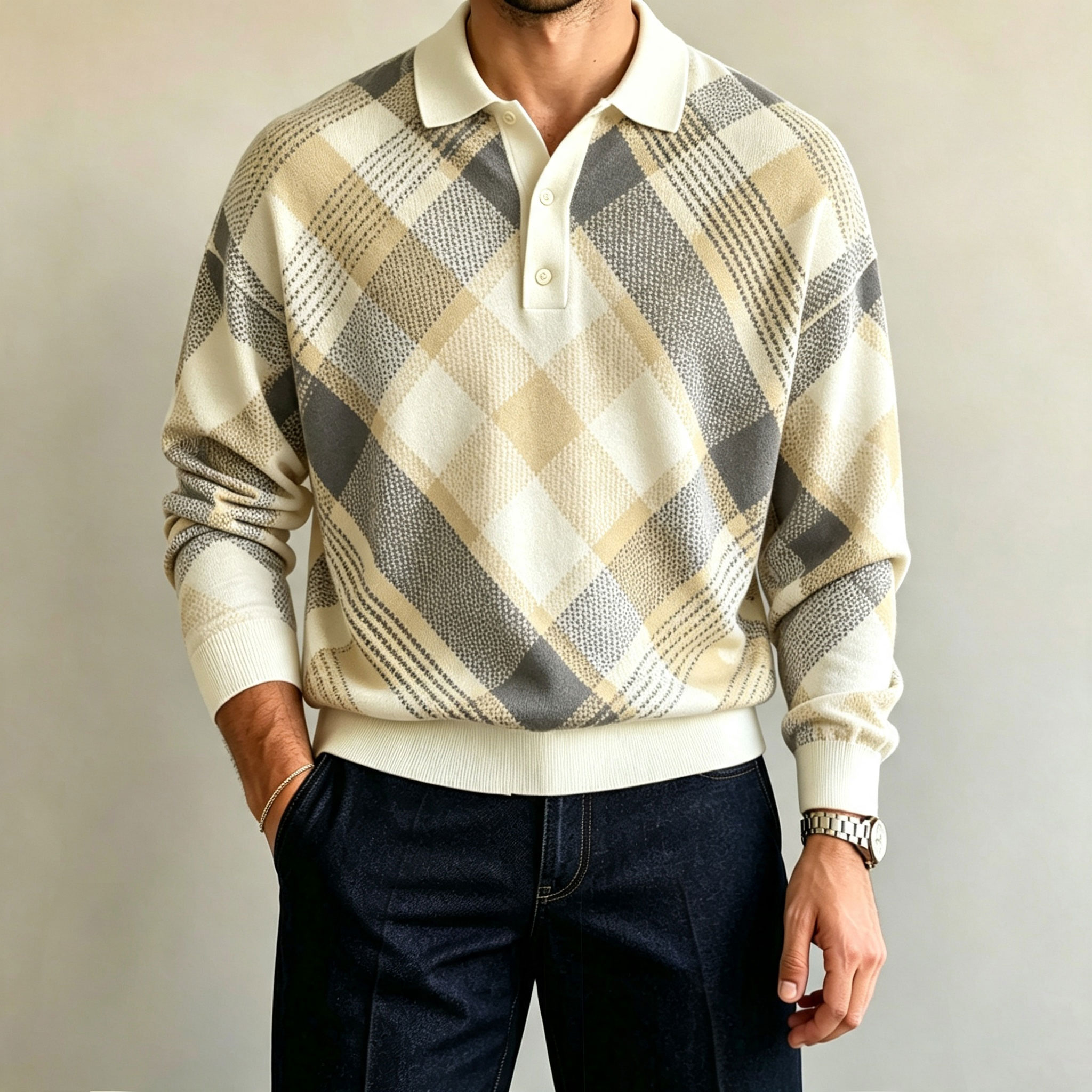 para hombre de manga larga camisa polo with Diamond Pattern Print