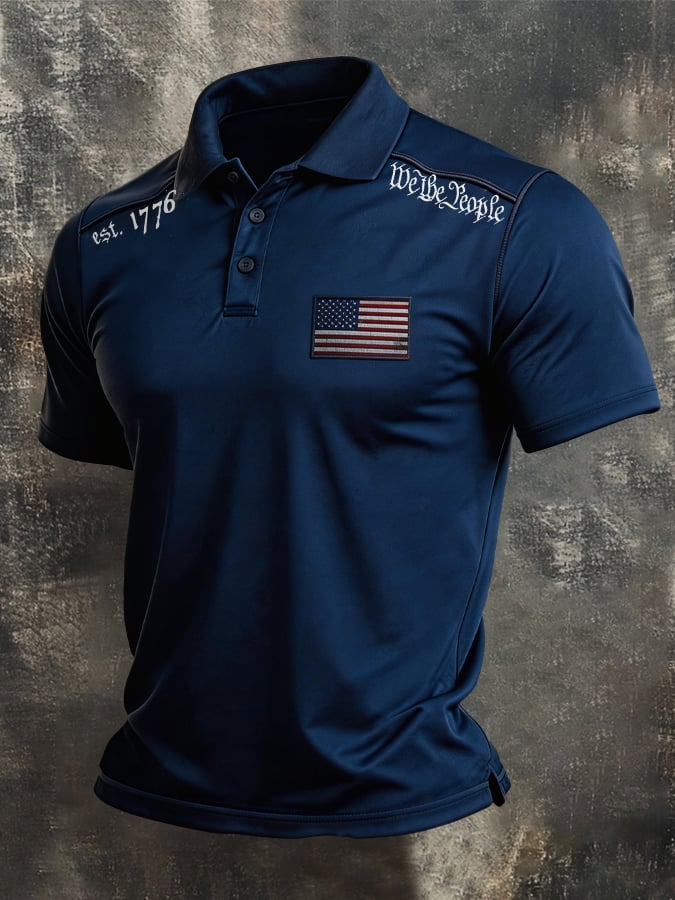 Retro Patriot en bloques de color Polo Collar de manga corta para hombre