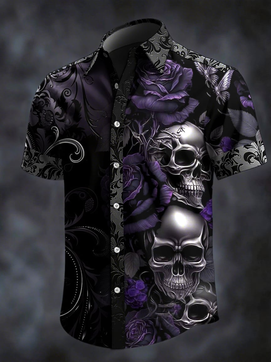 Camisa retro Horror Skull estampado solapa de manga corta para hombre