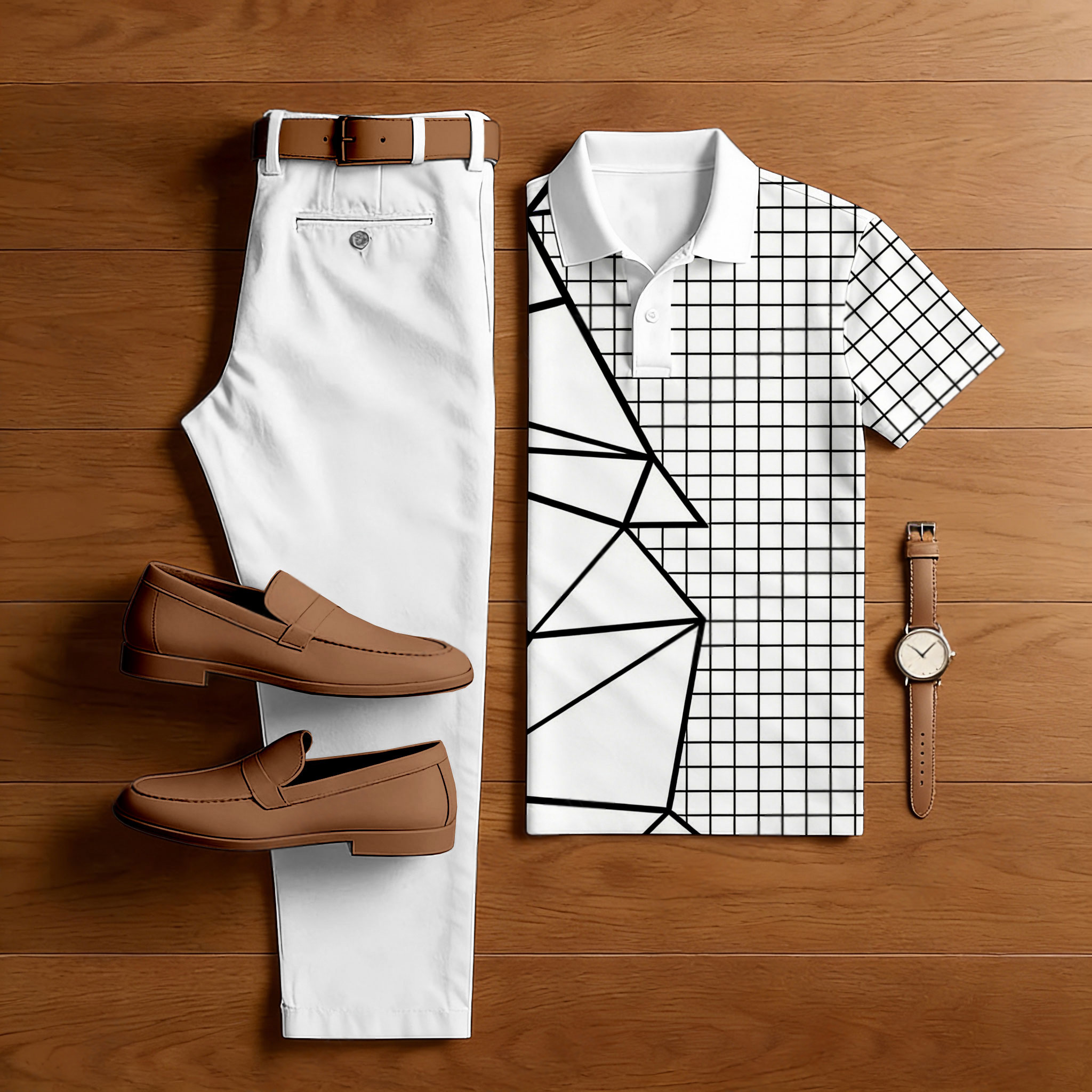 Conjunto de dos piezas casual Black & White Color Matching Geometric estampado de manga corta camisa polo & Trousers para hombre