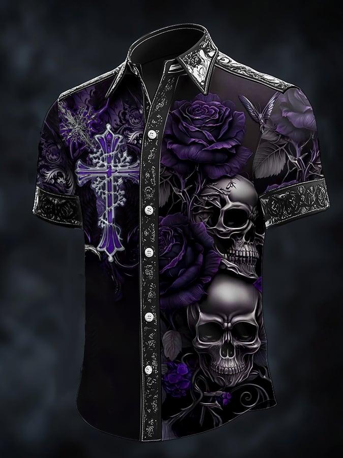 Camisa casual de moda Dark diseño Cross Crow Contrast satén para hombre