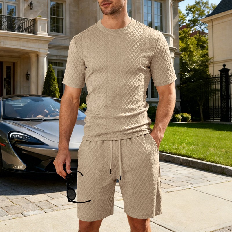 Conjunto de dos piezas Jacquard Summer casual Outfit, Crew Neck de manga corta camiseta and Drawstring shorts Set, Lightweight transpirable holgado Fit Loungewear, Comfortable elegante Set for para uso diario Wear Beach Vacation Travel Streetwear para hombre