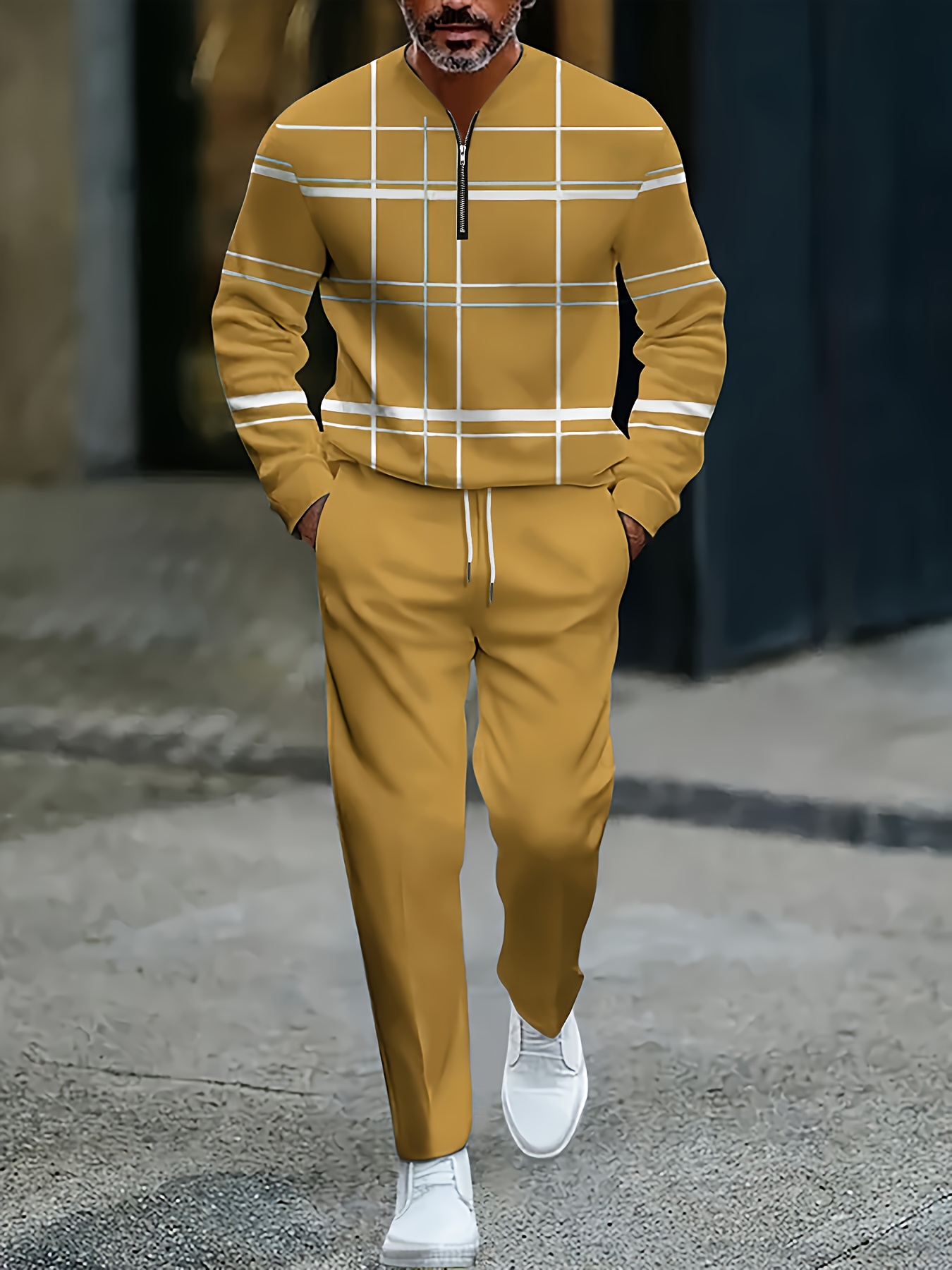 Conjunto de dos piezas casual Color Matching estampado Round-Neck Zipper de manga larga Trousers para hombre