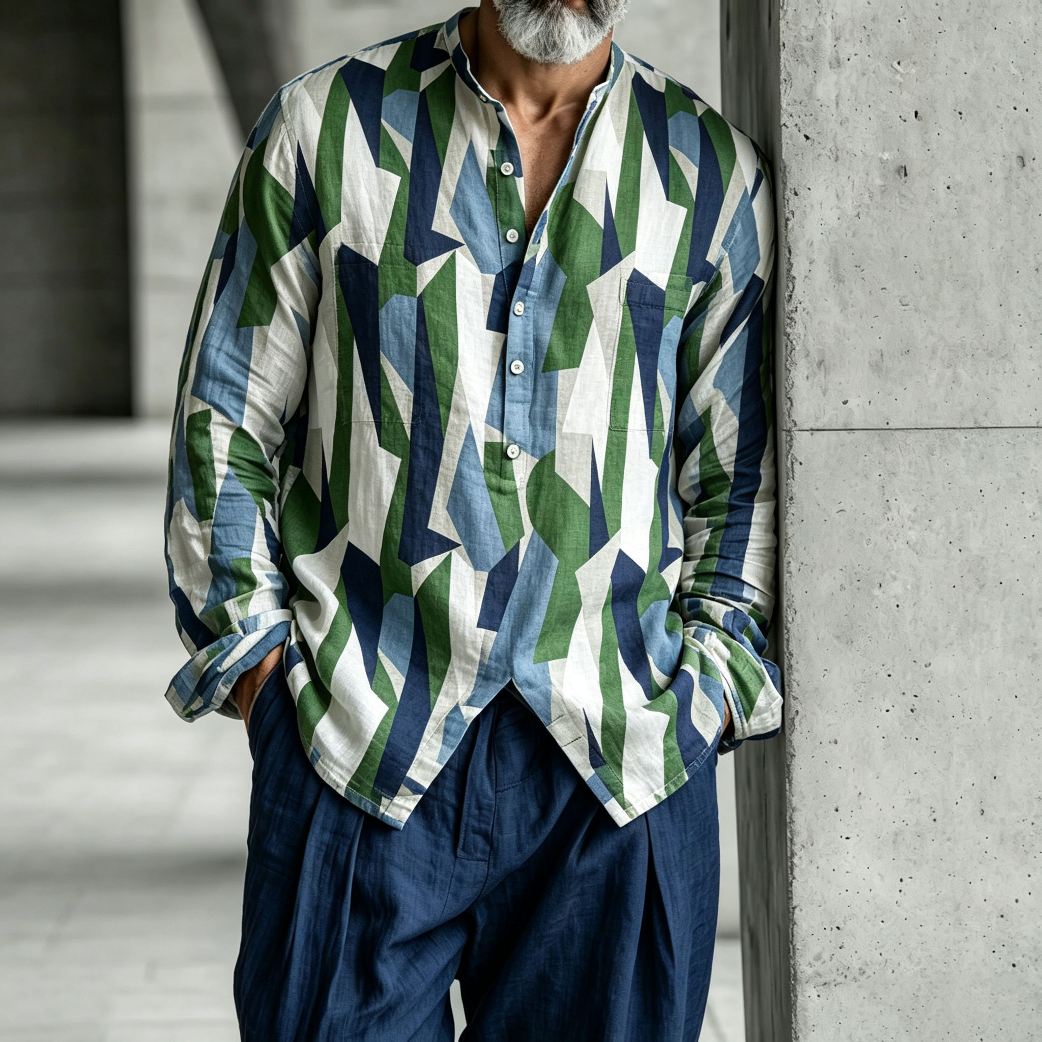 para hombre Color-Blocked Stand-Collar Half-Open Henley camisa and pantalón