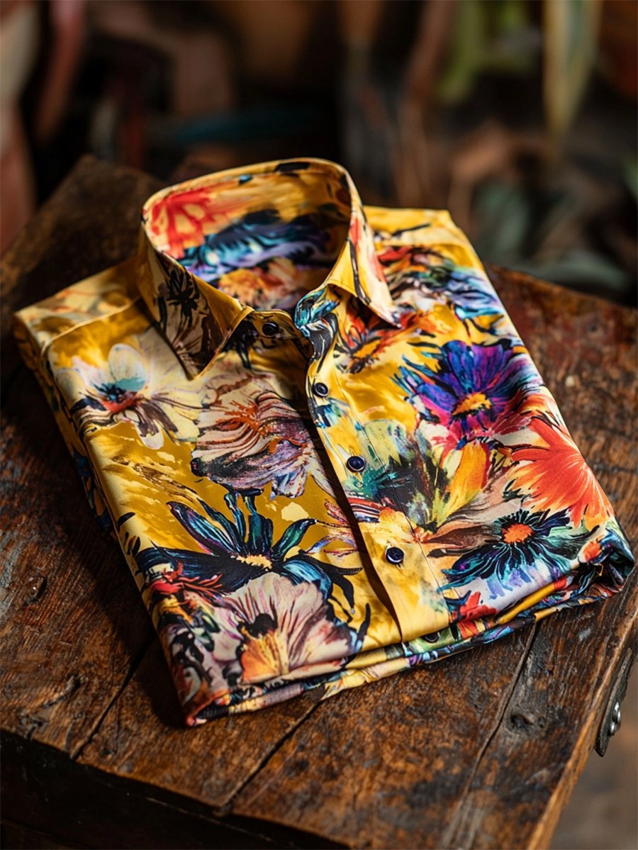 Camisa satén Luxe hawaiano estampado de manga corta Button para hombre