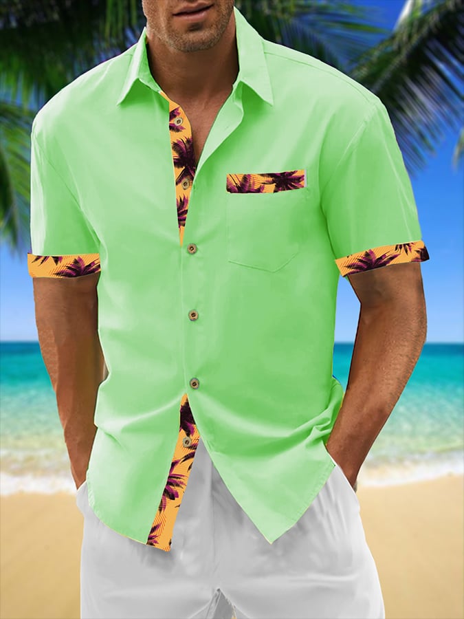 Camisa Resort Style Contrast estampado casual de manga corta para hombre