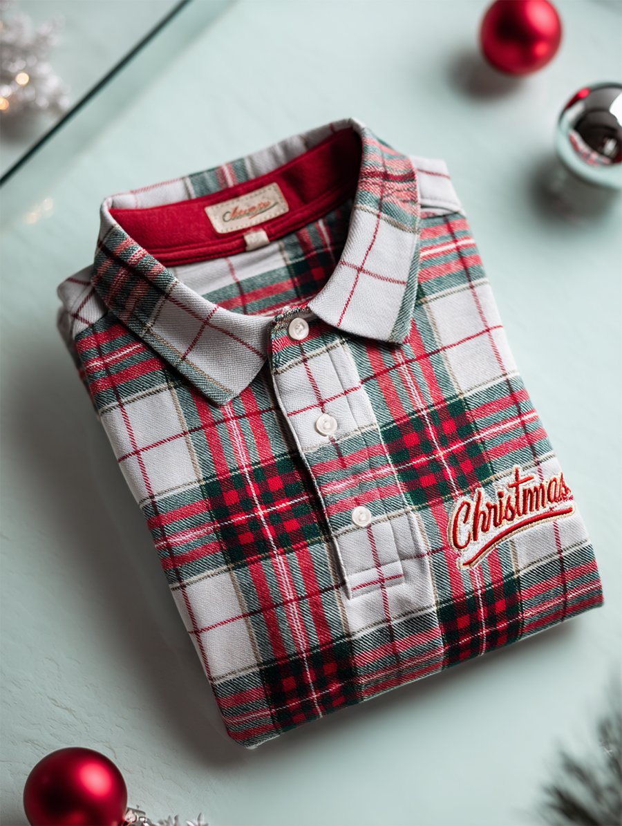 Camisa polo Christmas a cuadros de manga larga para hombre
