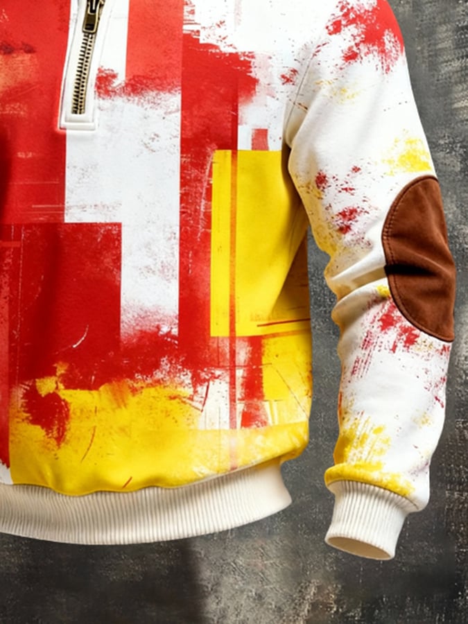 Sudadera vintage Color-Block estampado con cierre para hombre