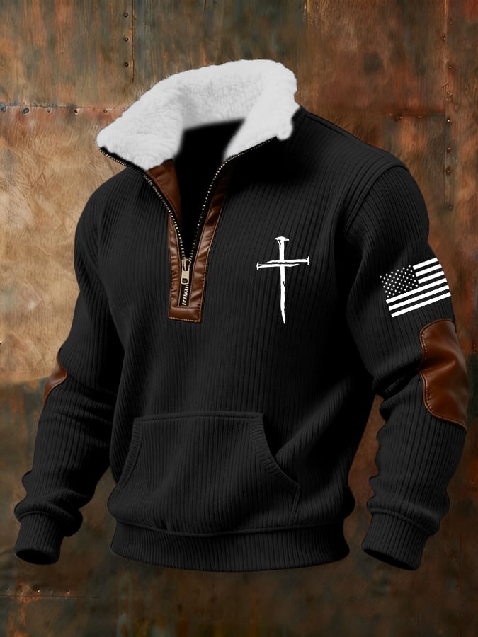 Sudadera retro Faith Cross estampado cierre Fur cuello de manga larga para hombre