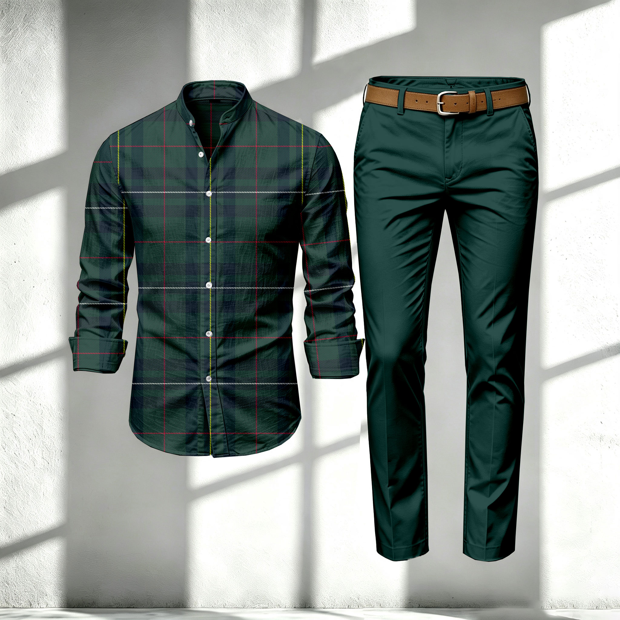 para hombre Green Stand-Collar de manga larga camisa and pantalón Set