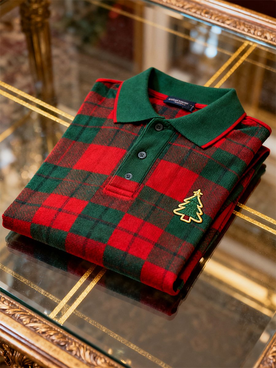Camisa polo Christmas a cuadros de manga larga para hombre