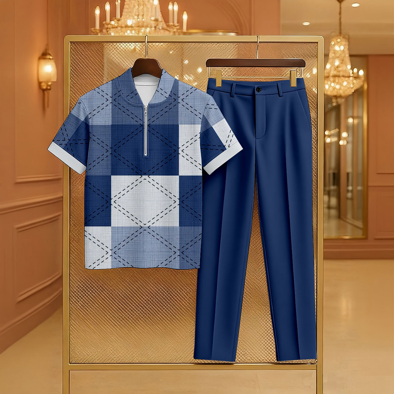 Conjunto de dos piezas casual Denim Blue Color Matching Checkered estampado Zipper de manga corta camisa polo & Trousers para hombre