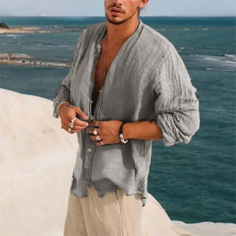Camisa de lino Band cuello camisa Summer camisa Beach Wear Button Up camisa Plain Vacation casual Black Green Khaki Gray de manga larga Stand cuello Summer Spring Clothing Apparel para hombre - vista 3