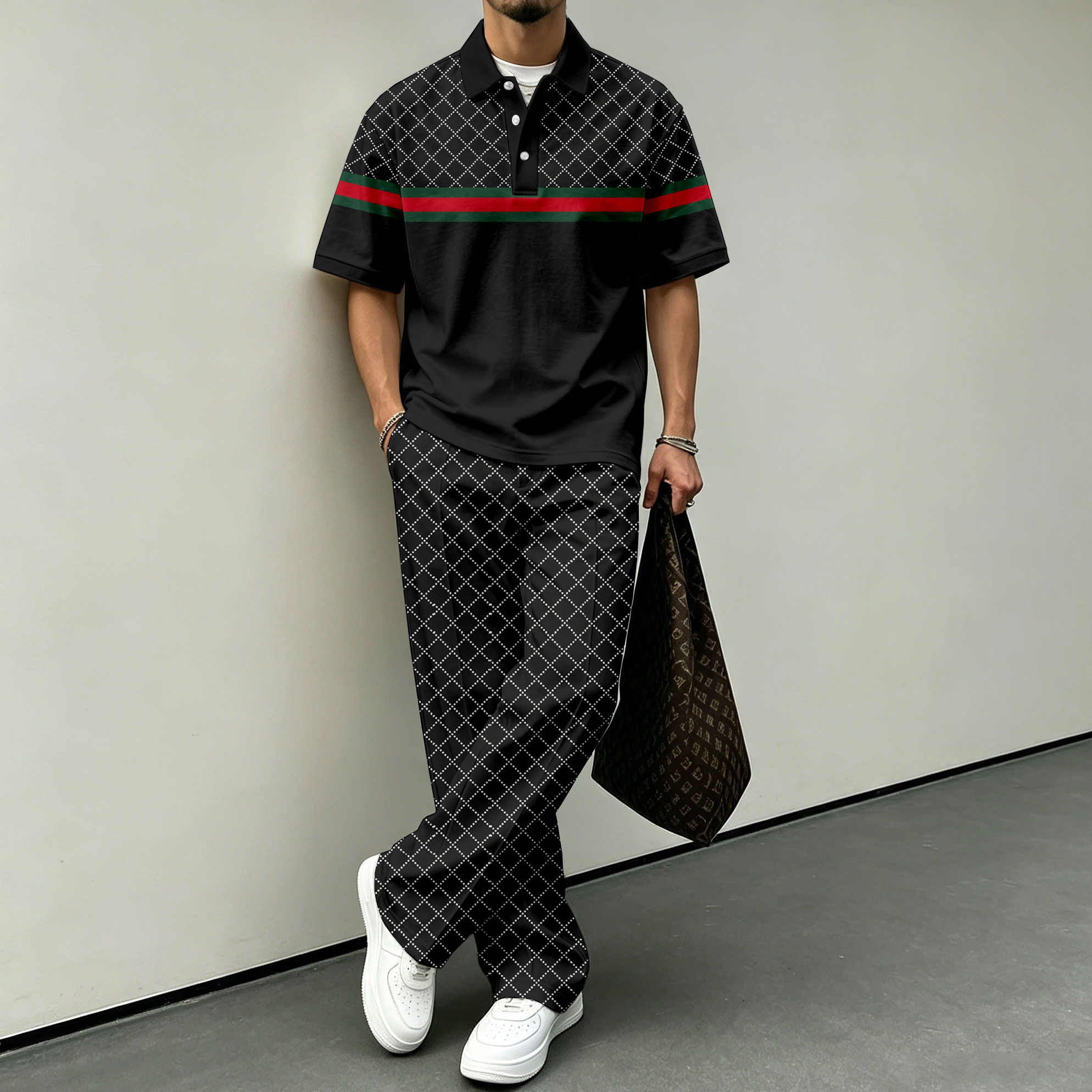 para hombre Black Diamond-Quilted de manga corta camisa polo and pantalón Set