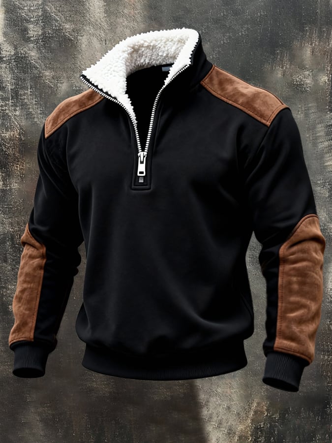 Sudadera vintage Style Color-Block Half-Zip With Fur cuello And de manga largas. para hombre
