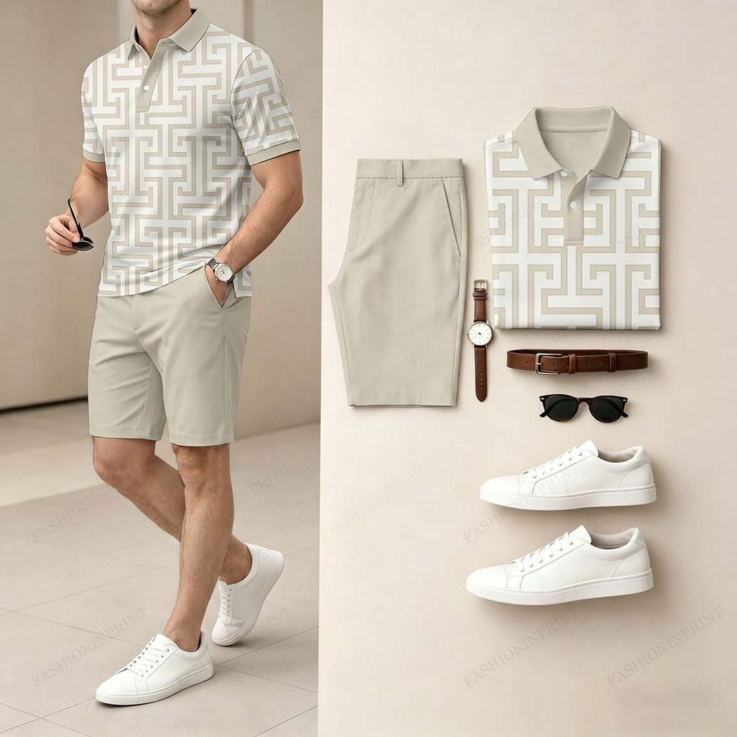 Conjunto de dos piezas casual Beige Geometric Pattern camisa polo & shorts para hombre