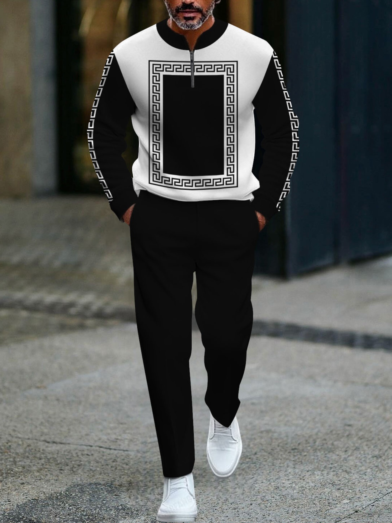 Conjunto de dos piezas casual Black & White Color Matching Baroque Style estampado Round-Neck Zipper de manga larga sudadera & Trousers para hombre