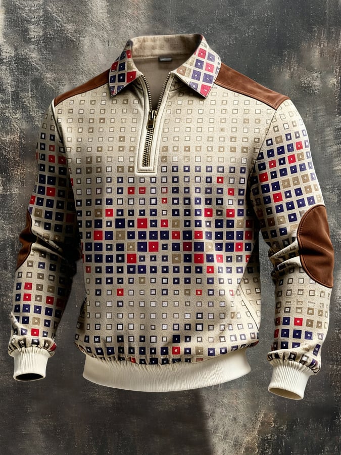 Sudadera retro en bloques de color estampado Color-Blocked con cierre para hombre
